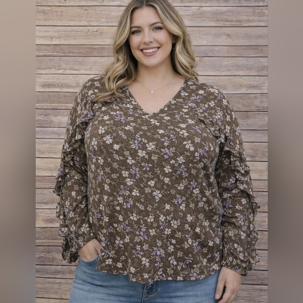 Cato Plus Size 26/28W Brown Floral Ruffle Sleeve Blouse | Boho Long Sleeve